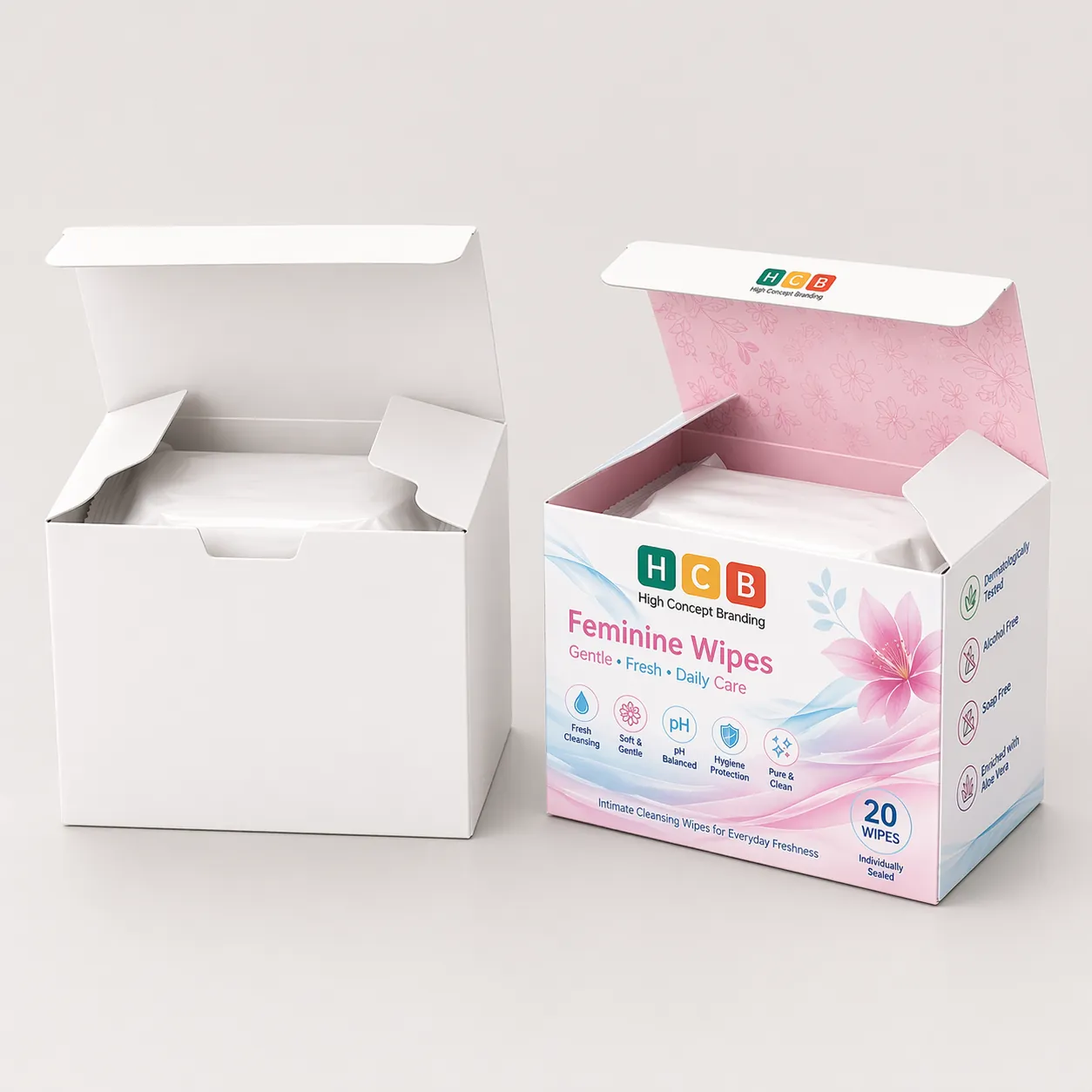 Two square cardboard boxes, one plain and one with elegant pink floral feminine care designs.
